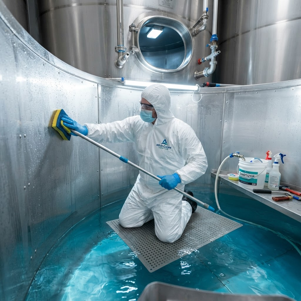 Técnico realizando limpeza de caixa d'água